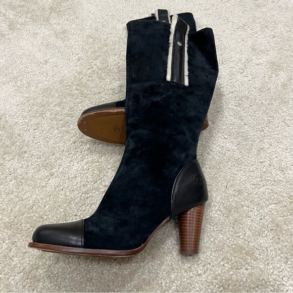 UGG Black Heeled Boots with Cream Accents - Picture 9 of 16